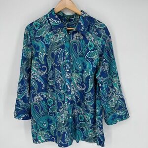 Lauren Ralph Lauren Button Up Shirt Womens Size 2XL Blue Paisley Preppy Cotton